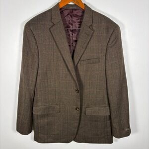 Tasso Elba Men's Brown Plaid Wool Blend Blazer Jacket Elbow Patches Size‎ 42